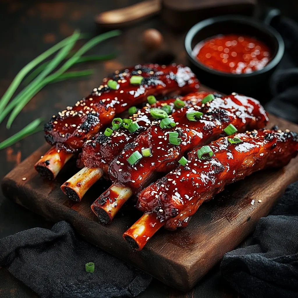 A wooden cutting board with BBQ ribs and sauce.