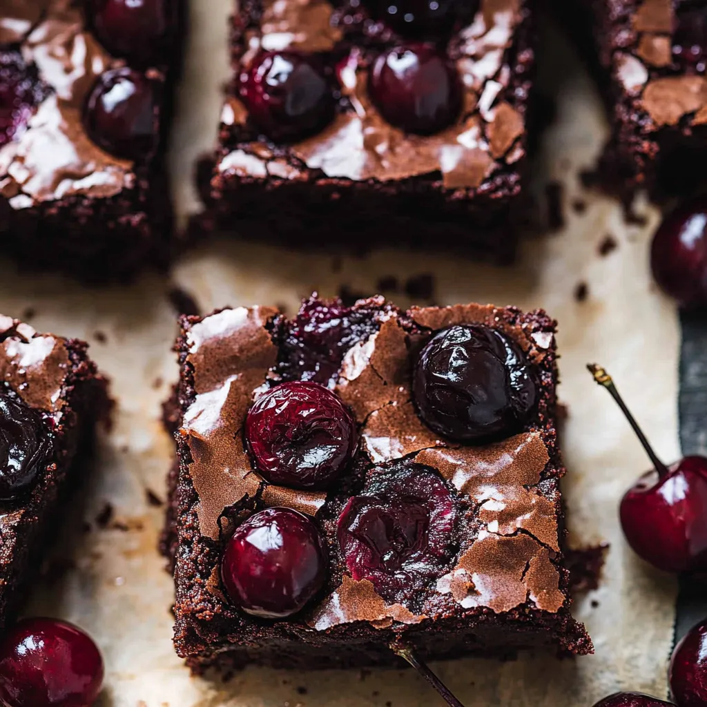 A square of chocolate cake with cherries on top.
