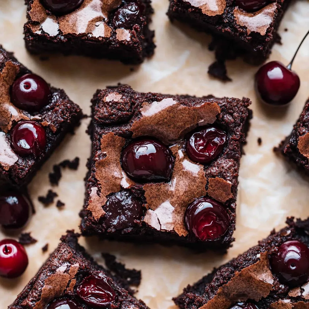 A close up of a chocolate brownie with cherries on top.