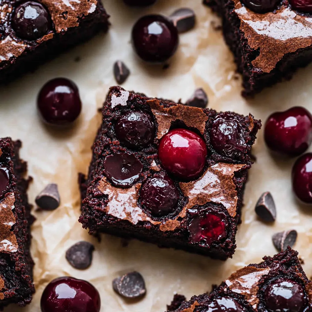 A close up of a chocolate brownie with cherries on top.