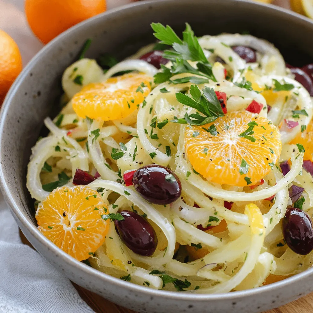 A bowl of pasta with oranges and olives.