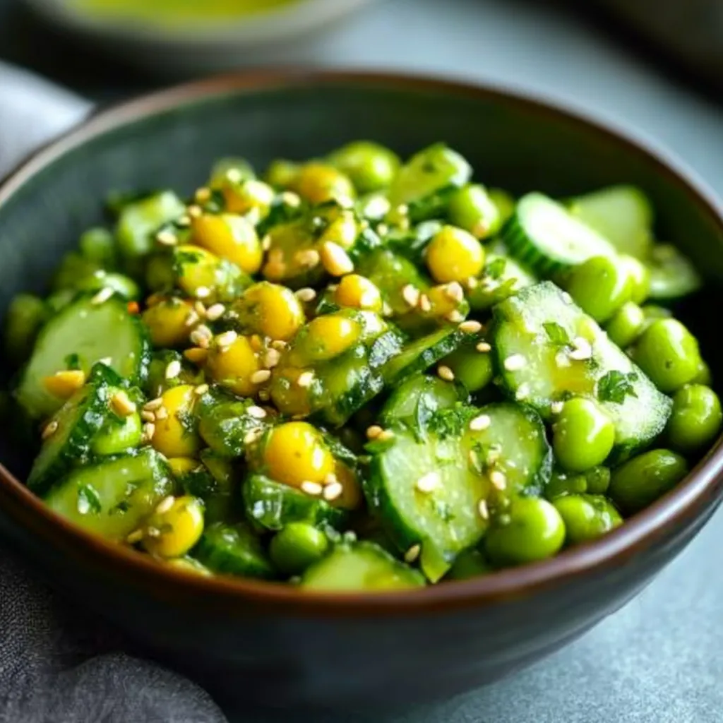 A bowl of vegetables with a green cucumber and yellow corn.