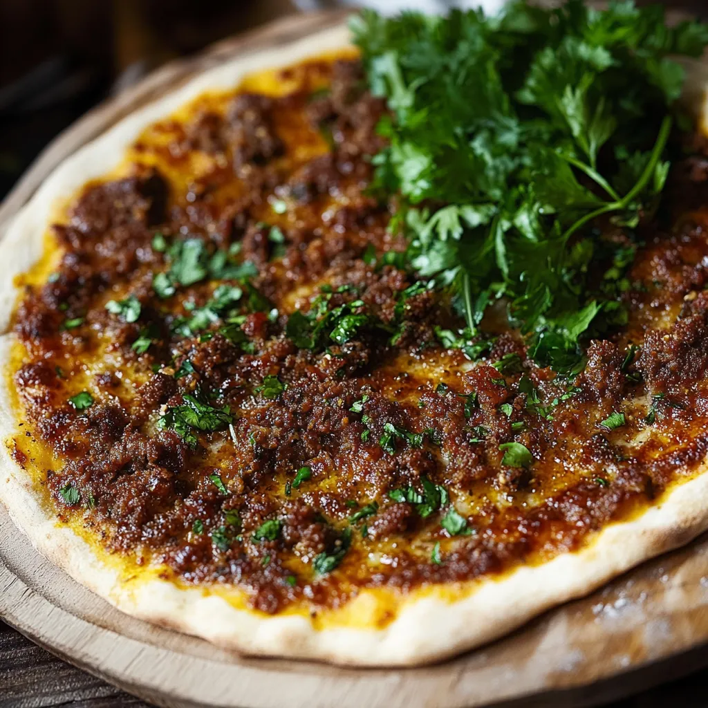 A pizza with meat and vegetables on a wooden board.