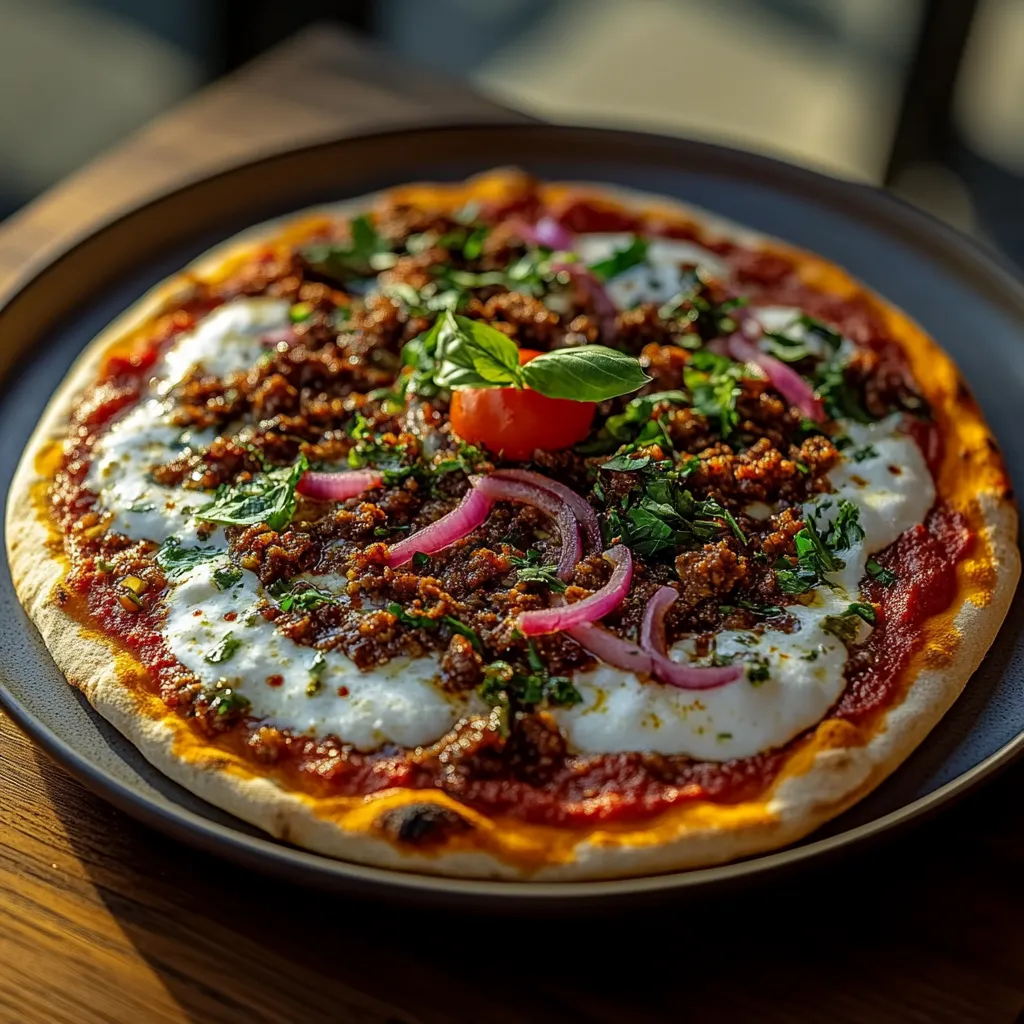 A pizza with tomatoes and basil on top.