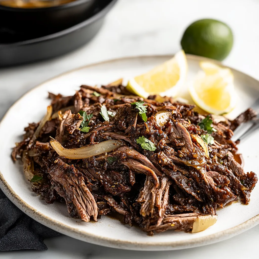 A plate of beef with onions and limes.
