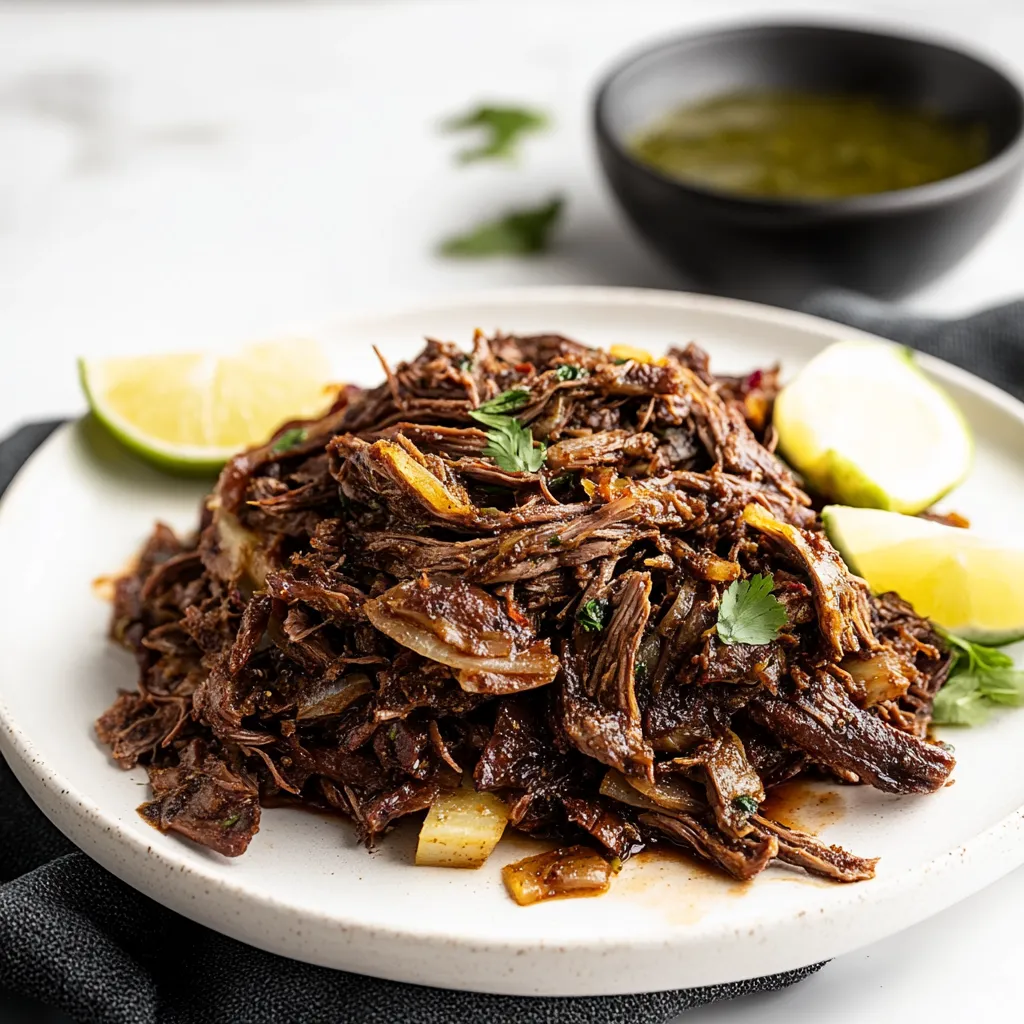 A plate of beef with onions and limes.