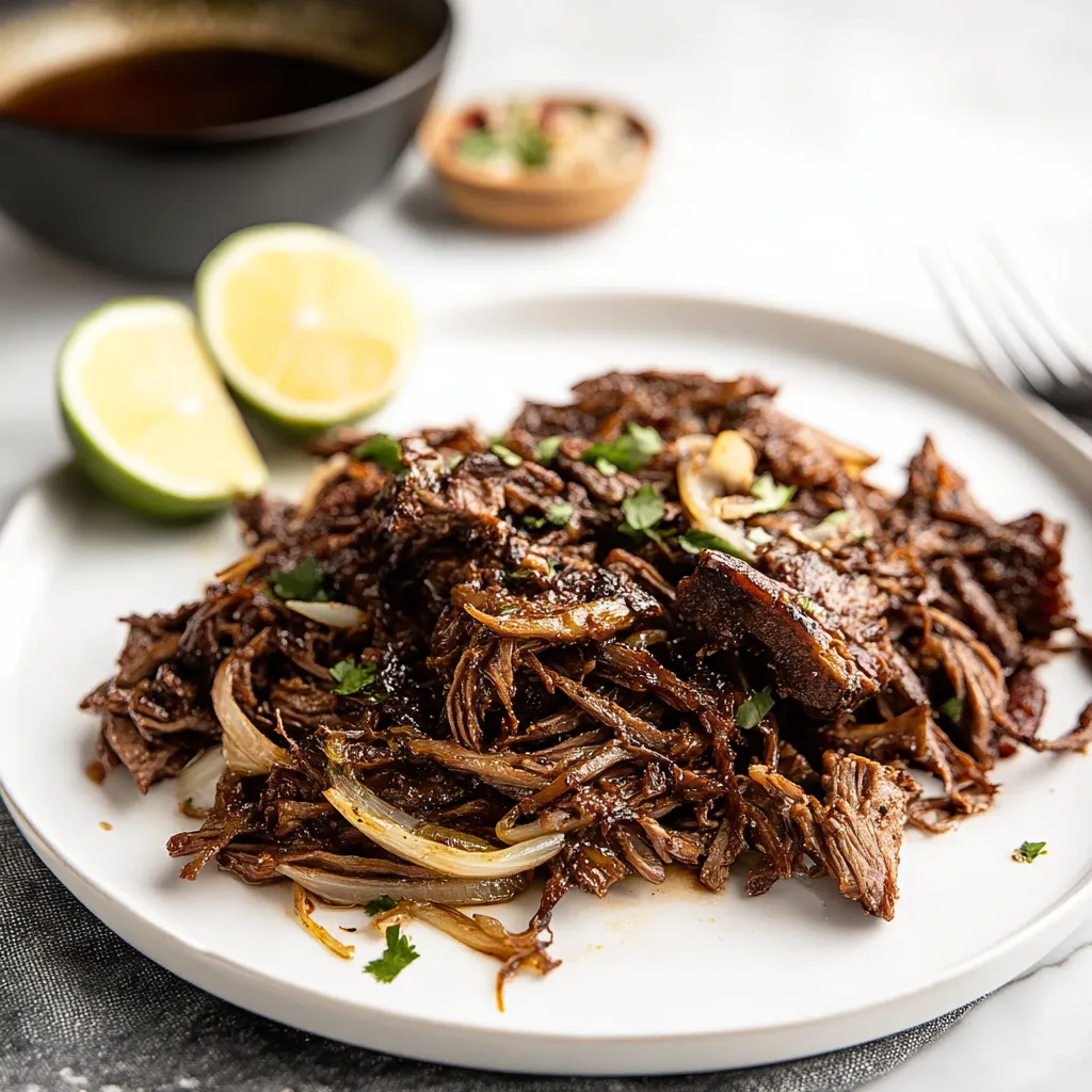 A plate of beef with onions and limes.