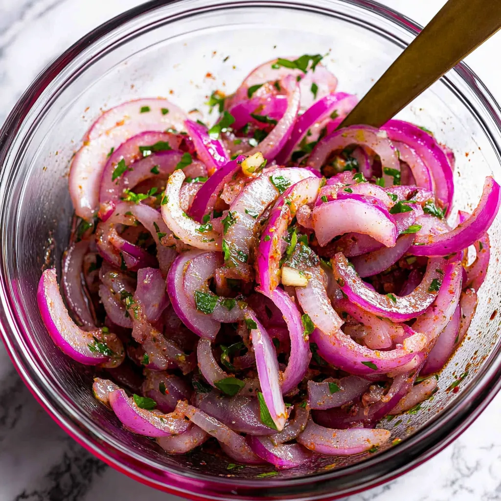 A bowl of onions with a spoon in it.