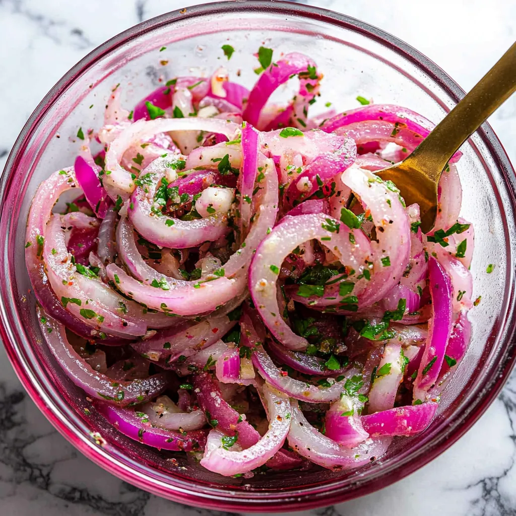 A bowl of onions with a fork in it.