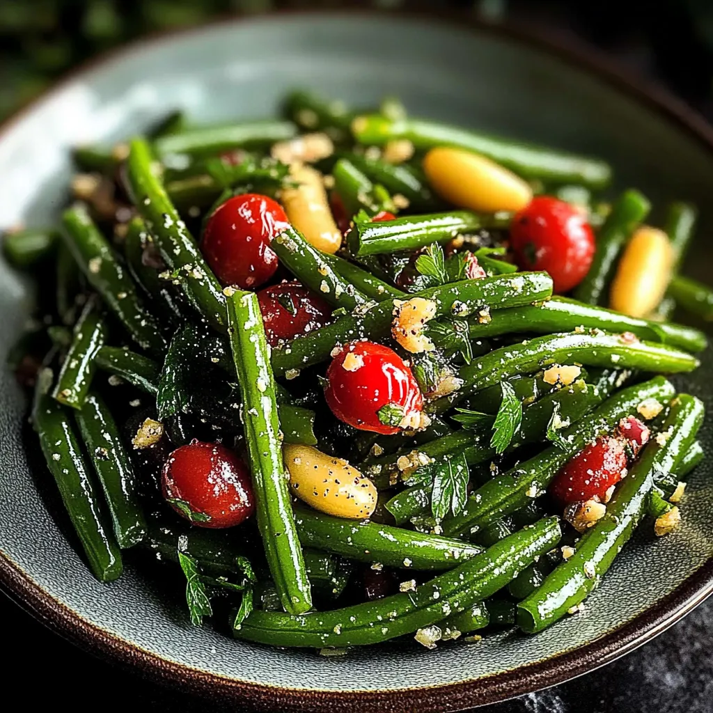 A plate of food with green beans and tomatoes.