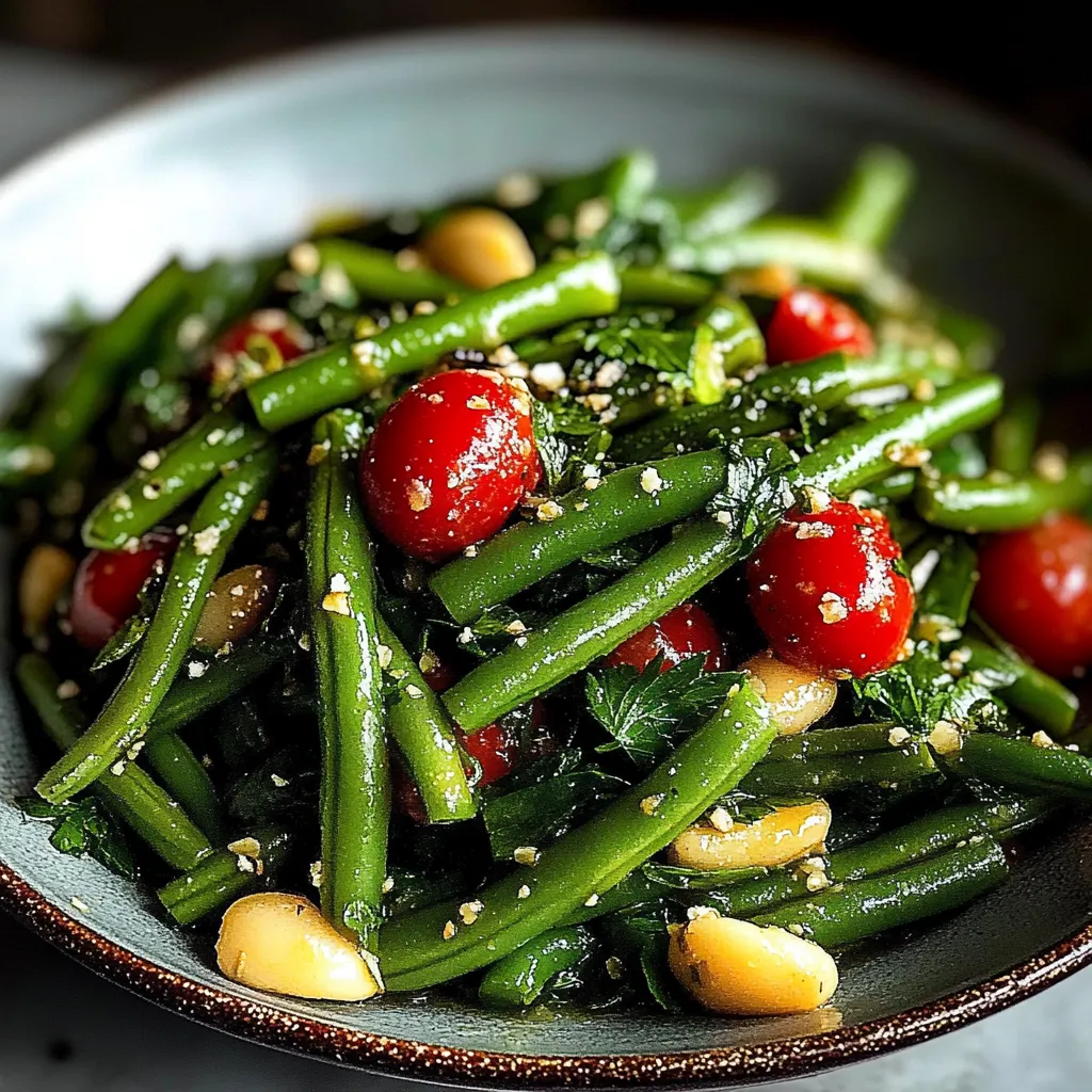 A plate of green beans with tomatoes and nuts.