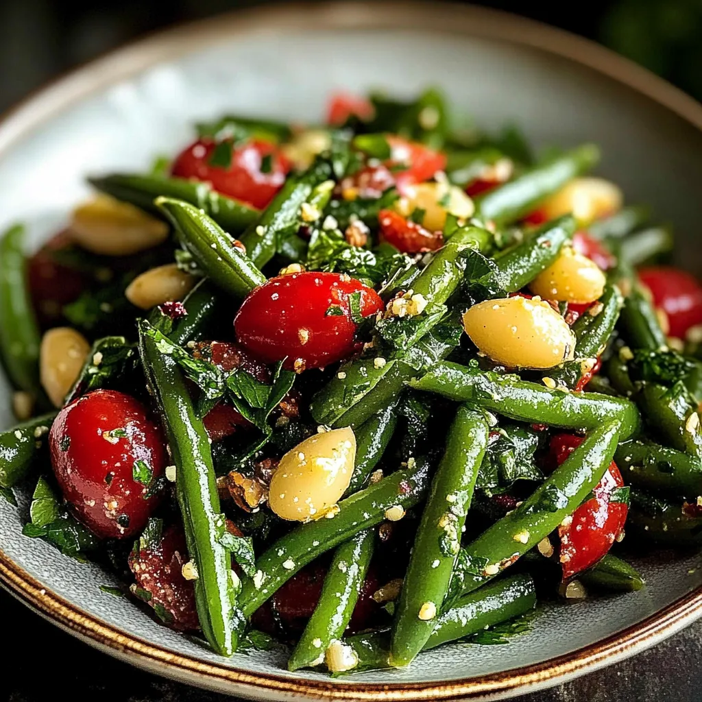 A plate of food with green beans and tomatoes.