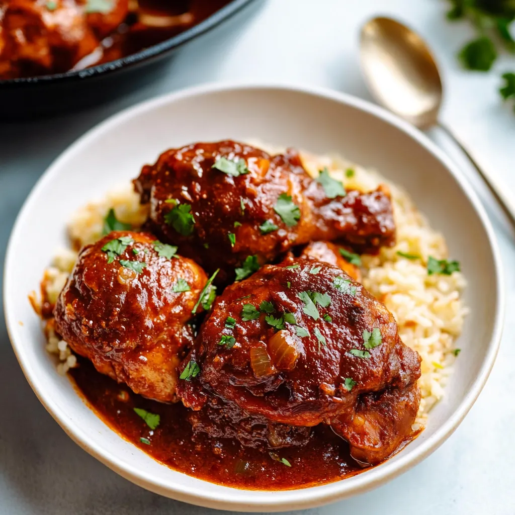 A bowl of rice with chicken and gravy.