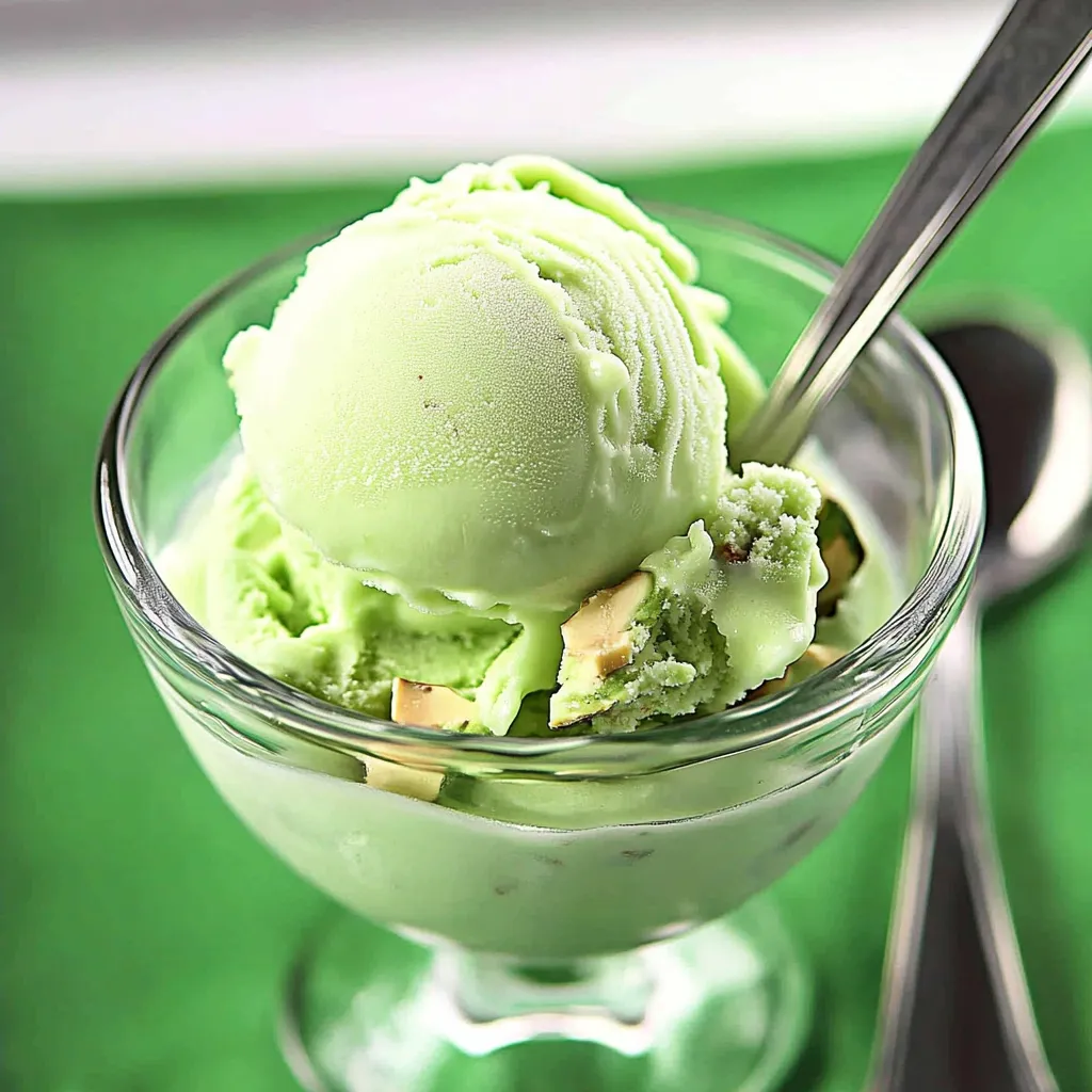 A scoop of green ice cream in a glass.