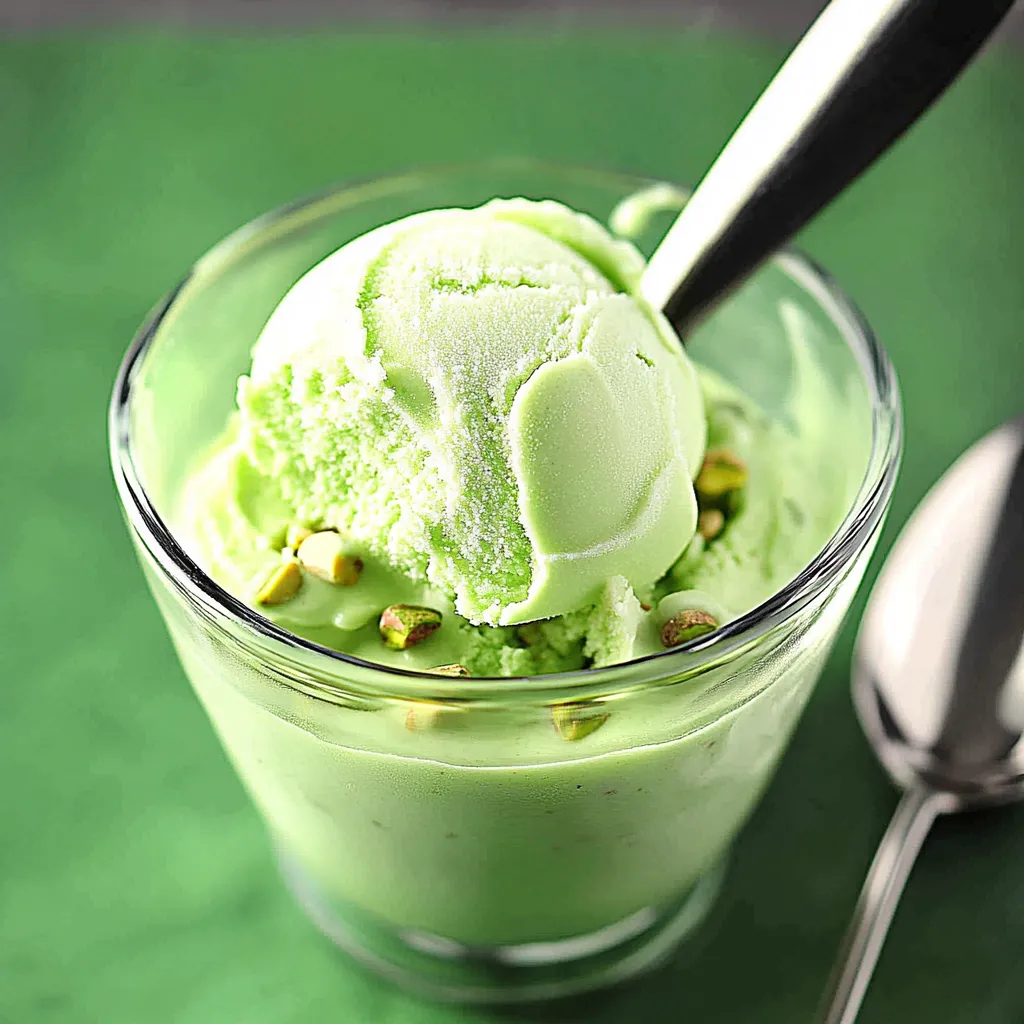 A scoop of green ice cream in a glass.