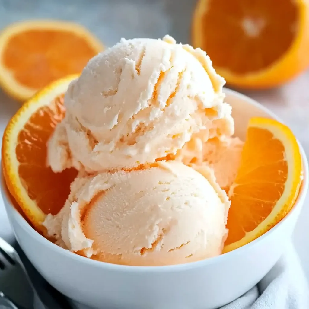 A bowl of orange slices and a scoop of vanilla ice cream.