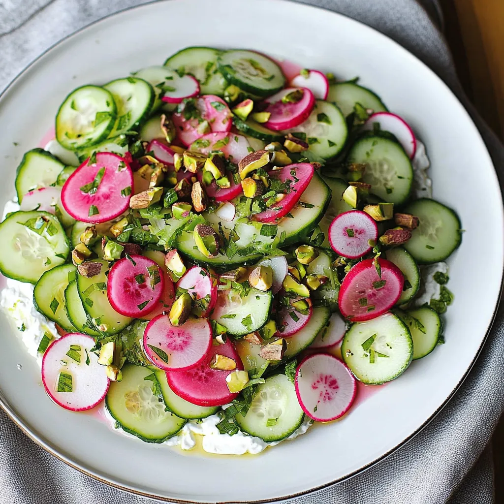 A plate of vegetables including cucumbers, radishes, and red onions.