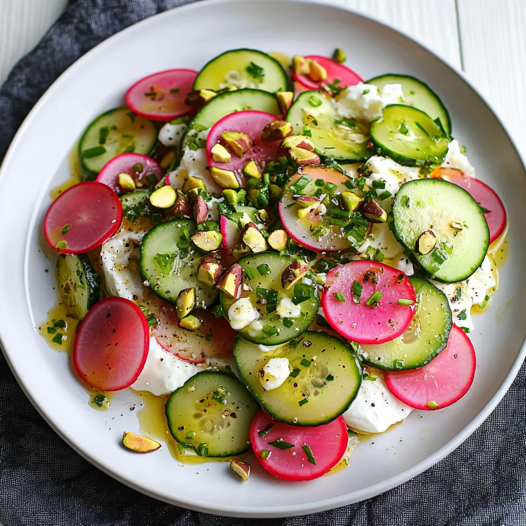 A plate of food with cucumbers and other vegetables.