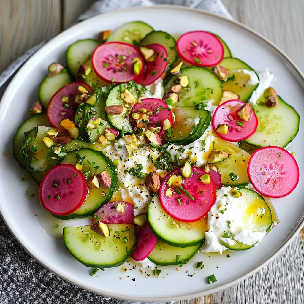 A plate of food with cucumbers, radishes, and other vegetables.