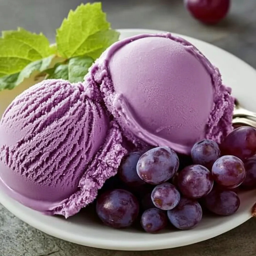 A plate of grapes and a scoop of purple ice cream.