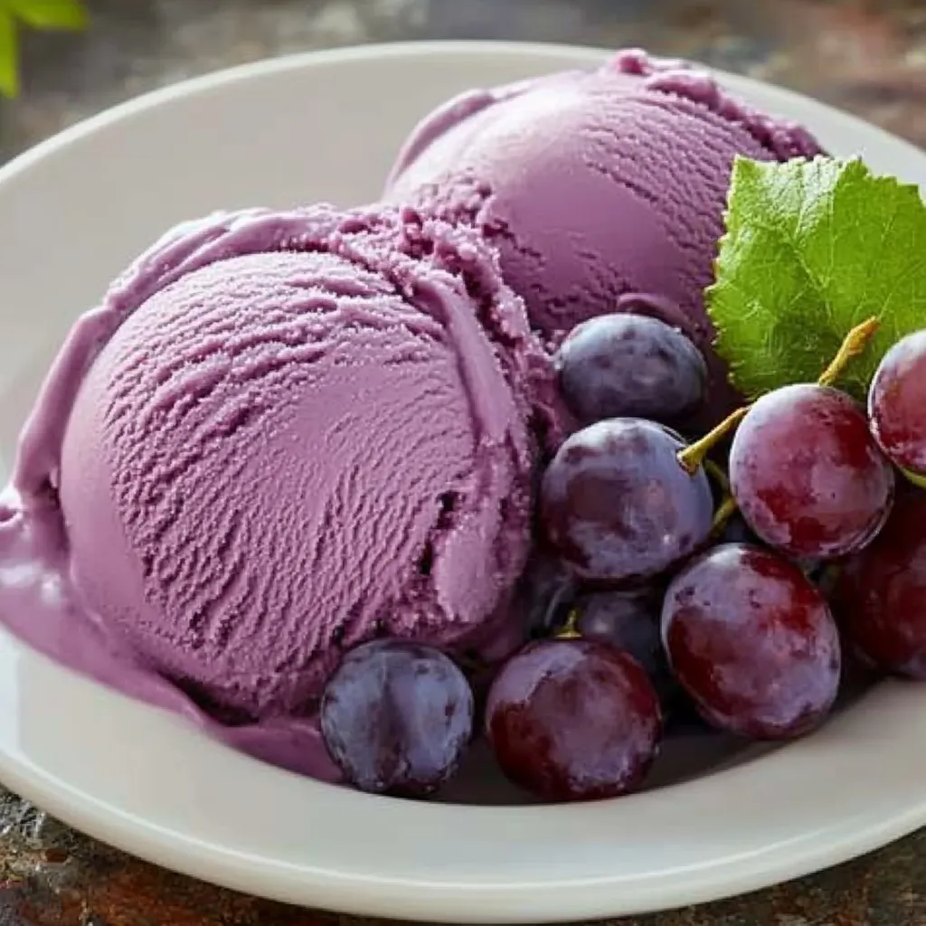 A white plate with a bowl of purple ice cream and grapes.
