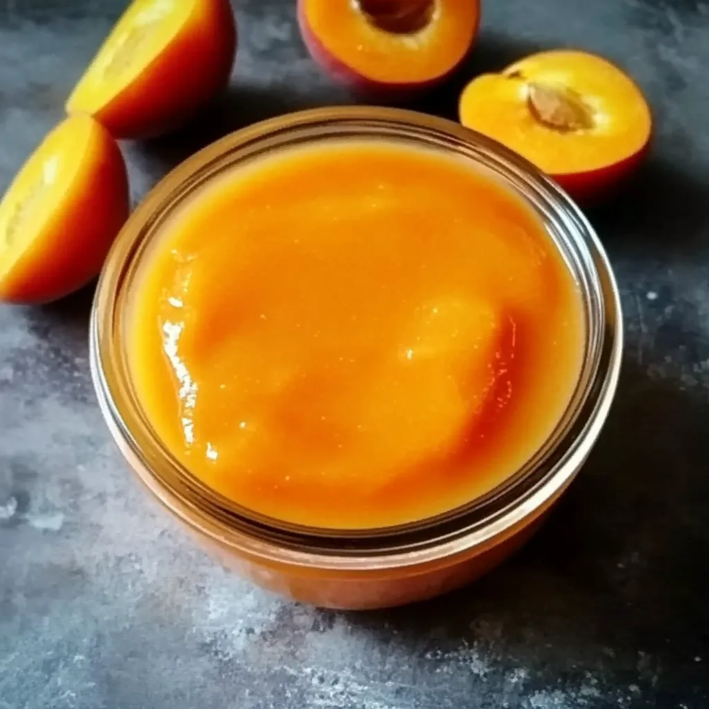 A jar of orange jam on a table.