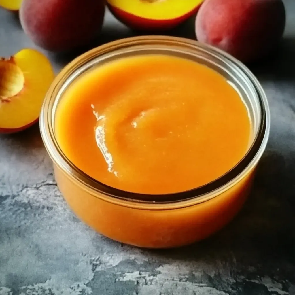 A jar of peach jam on a table.
