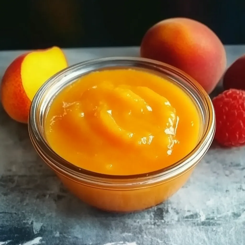 A bowl of orange sauce with peaches and raspberries.