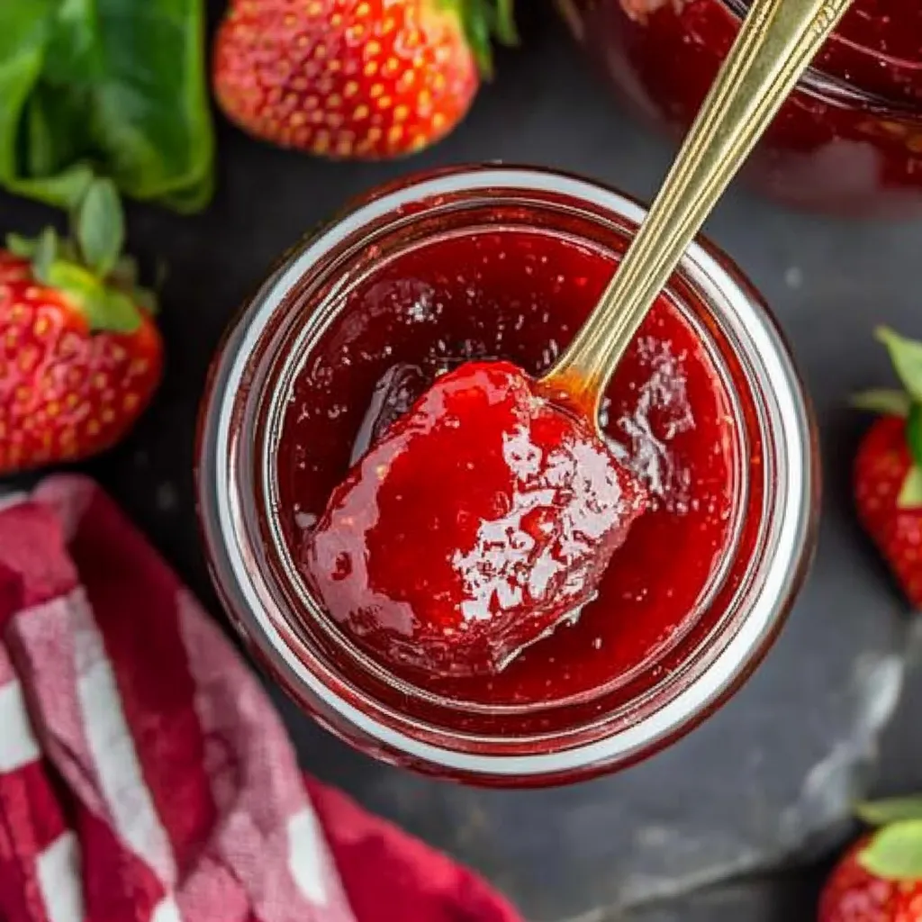 A jar of strawberry jam with a spoon in it.