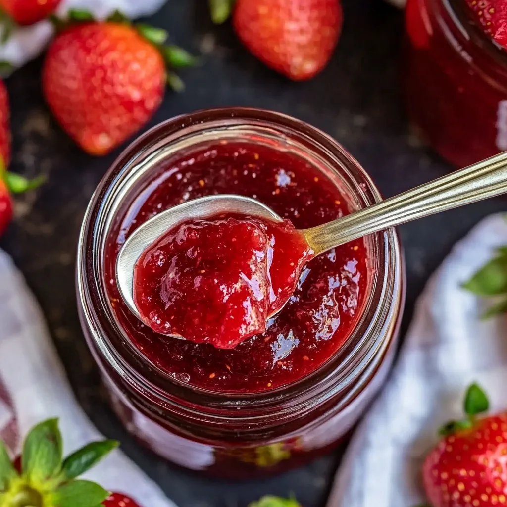 A jar of strawberry jam with a spoon in it.