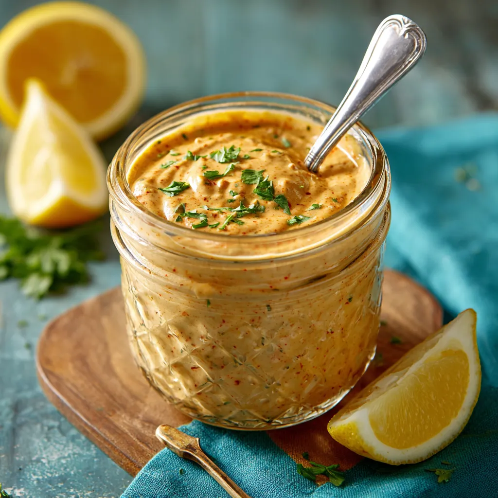 A glass jar of soup with a spoon in it.
