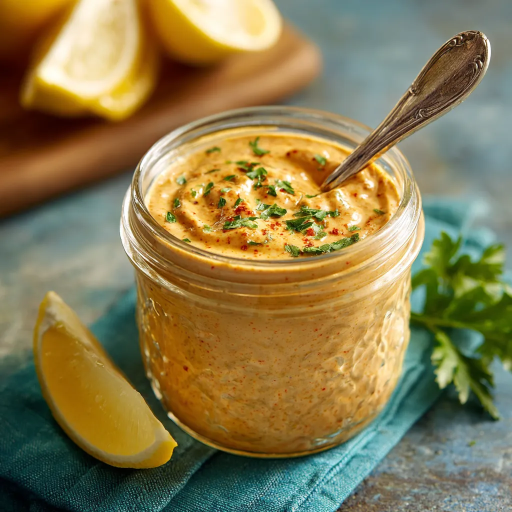 A glass jar of dip with a spoon in it.