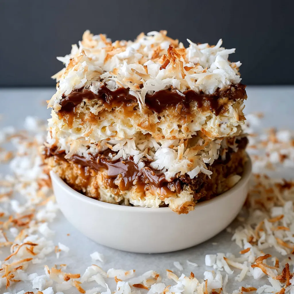 A stack of coconut cake with chocolate frosting.