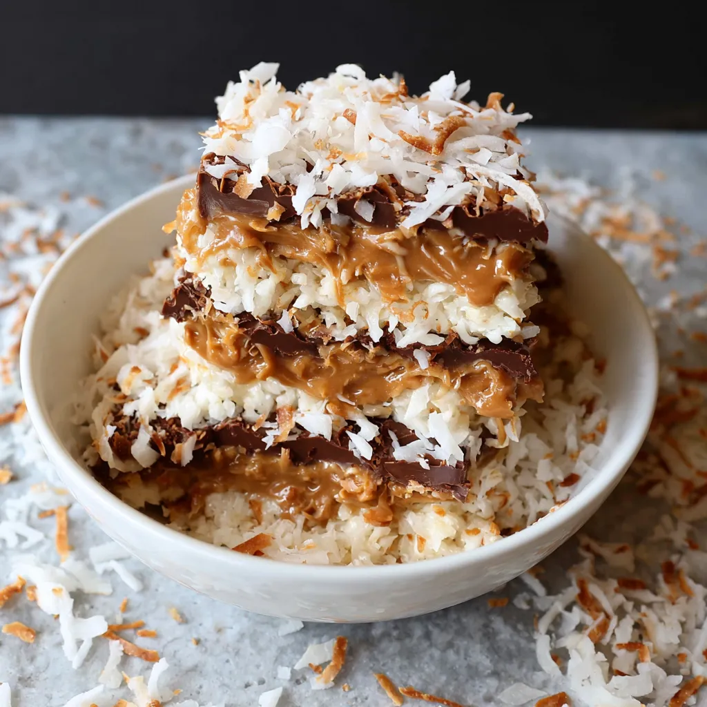 A stack of cake with coconut on top.