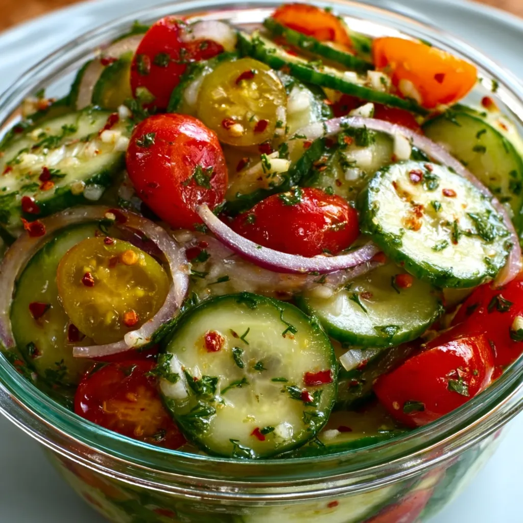 A bowl of vegetables including cucumbers, tomatoes, and onions.