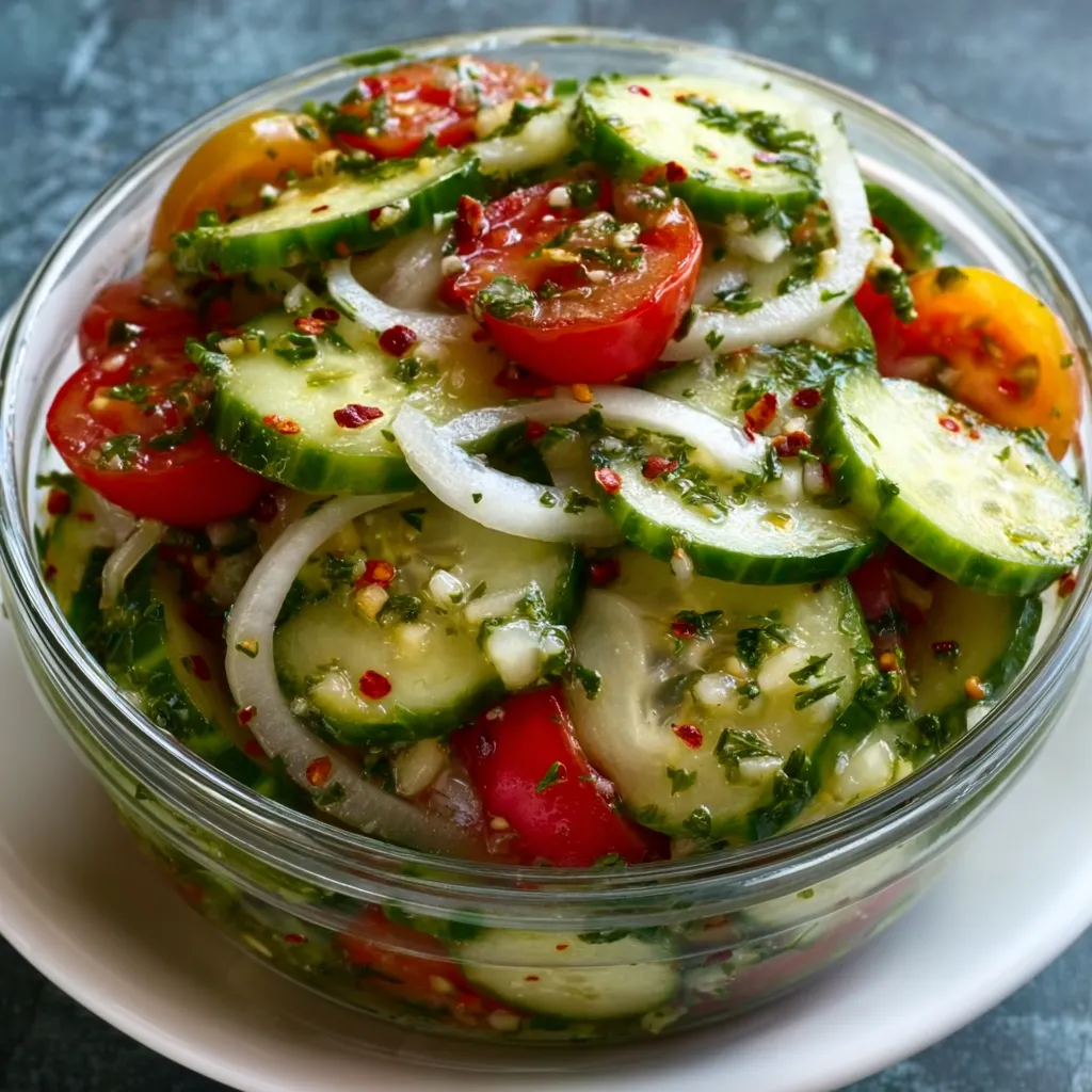 A bowl of vegetables including cucumbers, tomatoes, and onions.