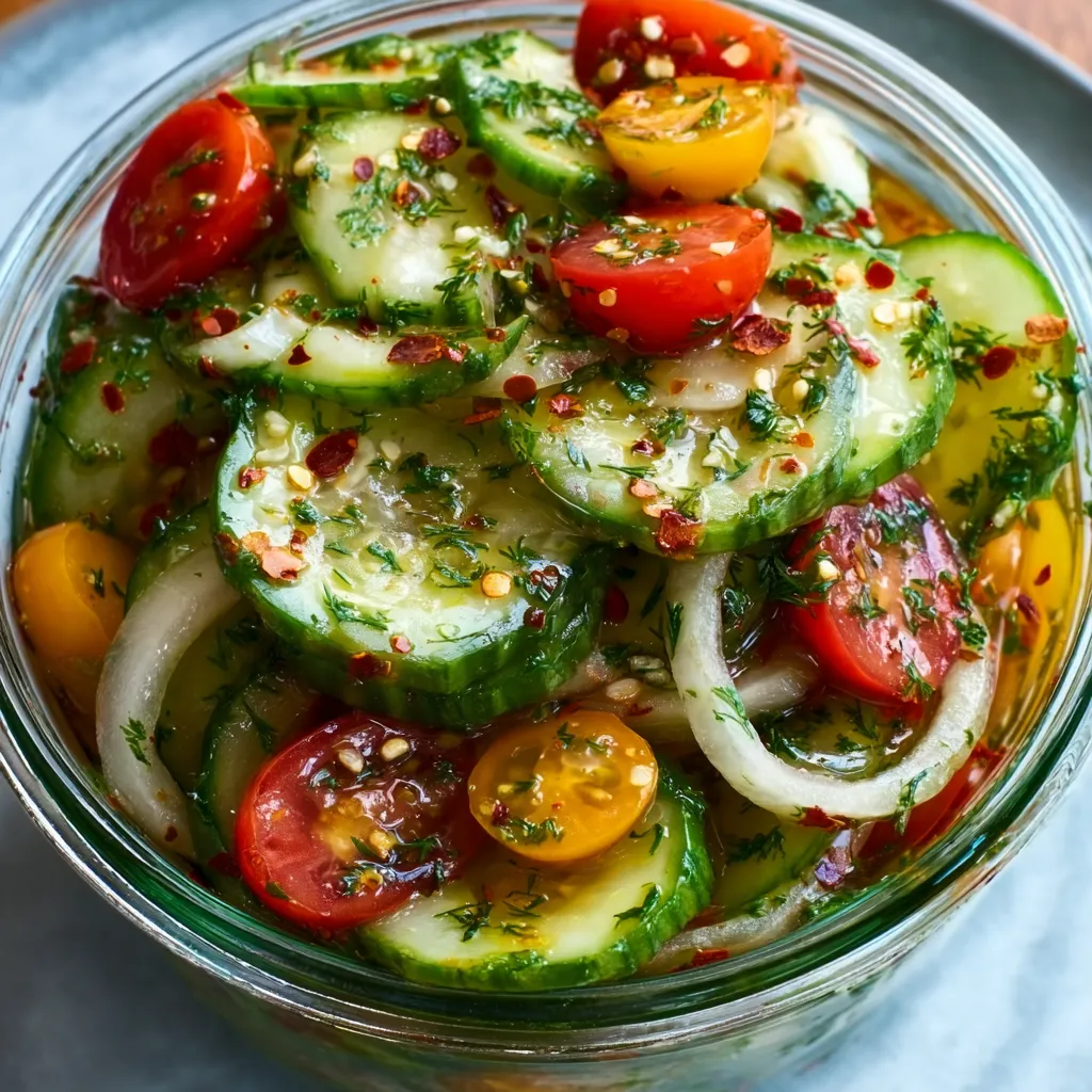 A glass bowl filled with sliced cucumbers and tomatoes.