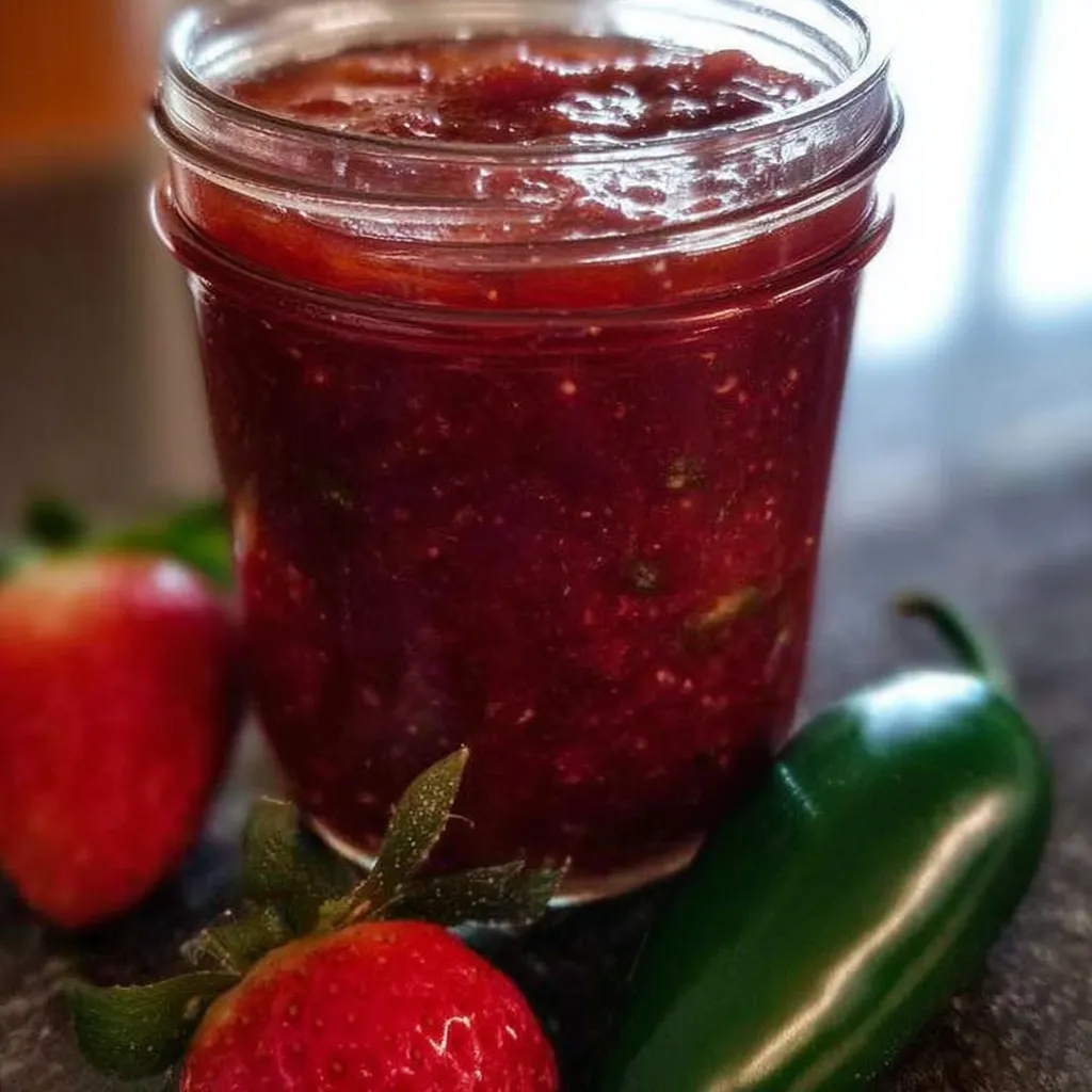 A jar of jam with strawberries and a pepper.