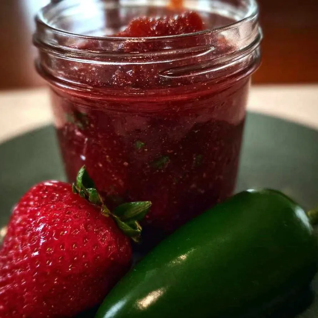 A jar of jam with a strawberry and a pepper on the side.