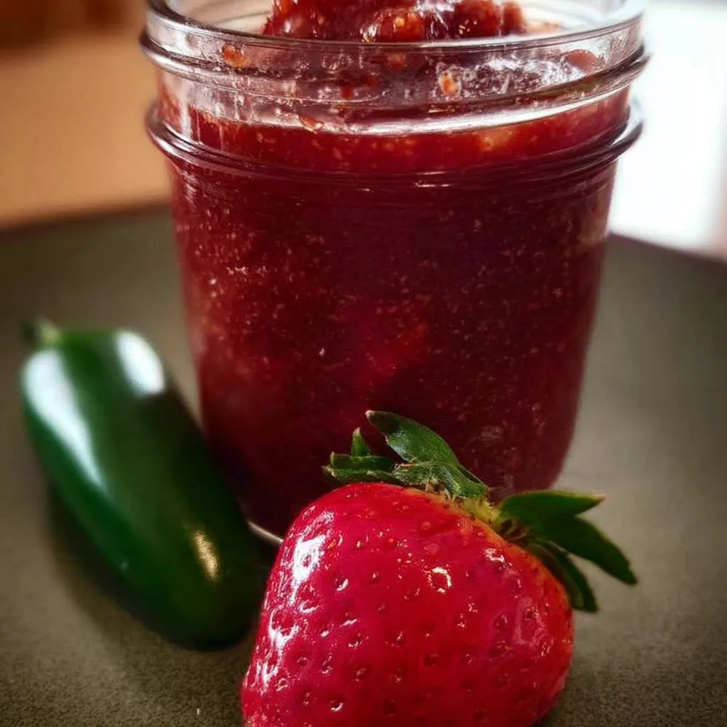 A jar of jam is next to a strawberry and a green pepper.