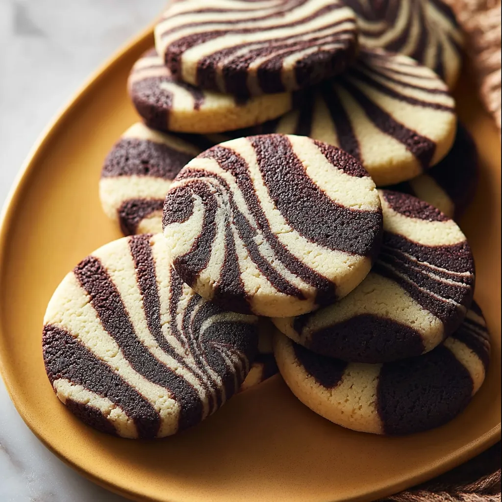 A plate of cookies with a zebra print design.