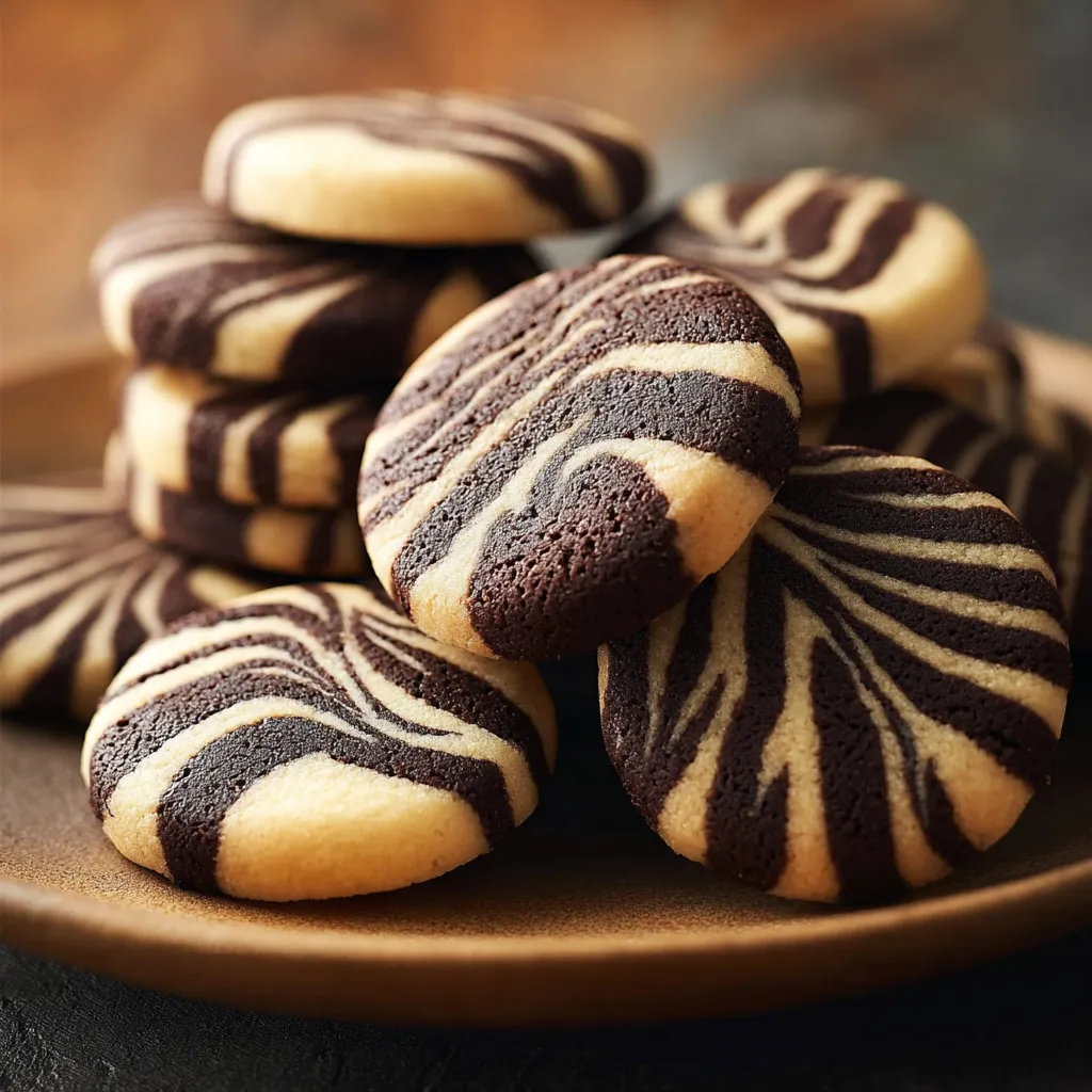 A plate of cookies with a zebra pattern.