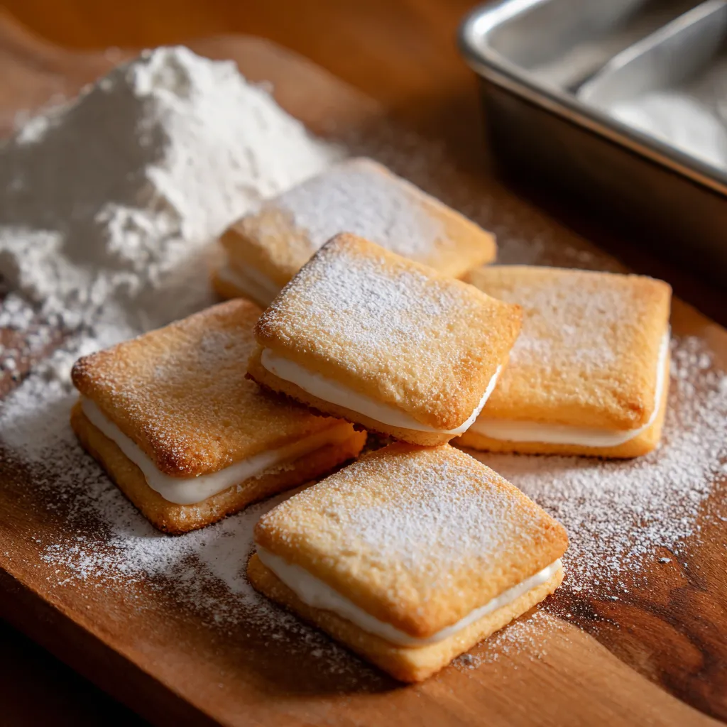 A wooden cutting board with powdered sugar on it.