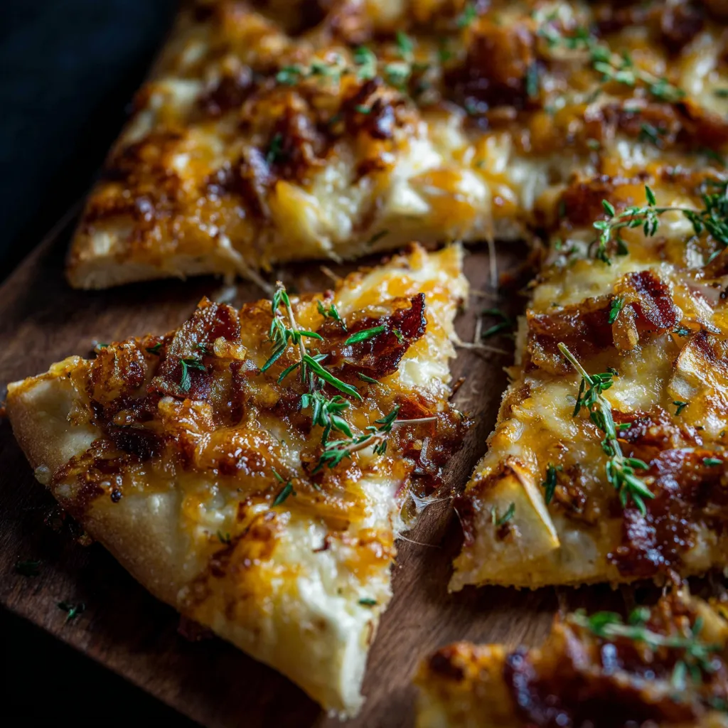 A slice of pizza with cheese and bacon on a wooden board.