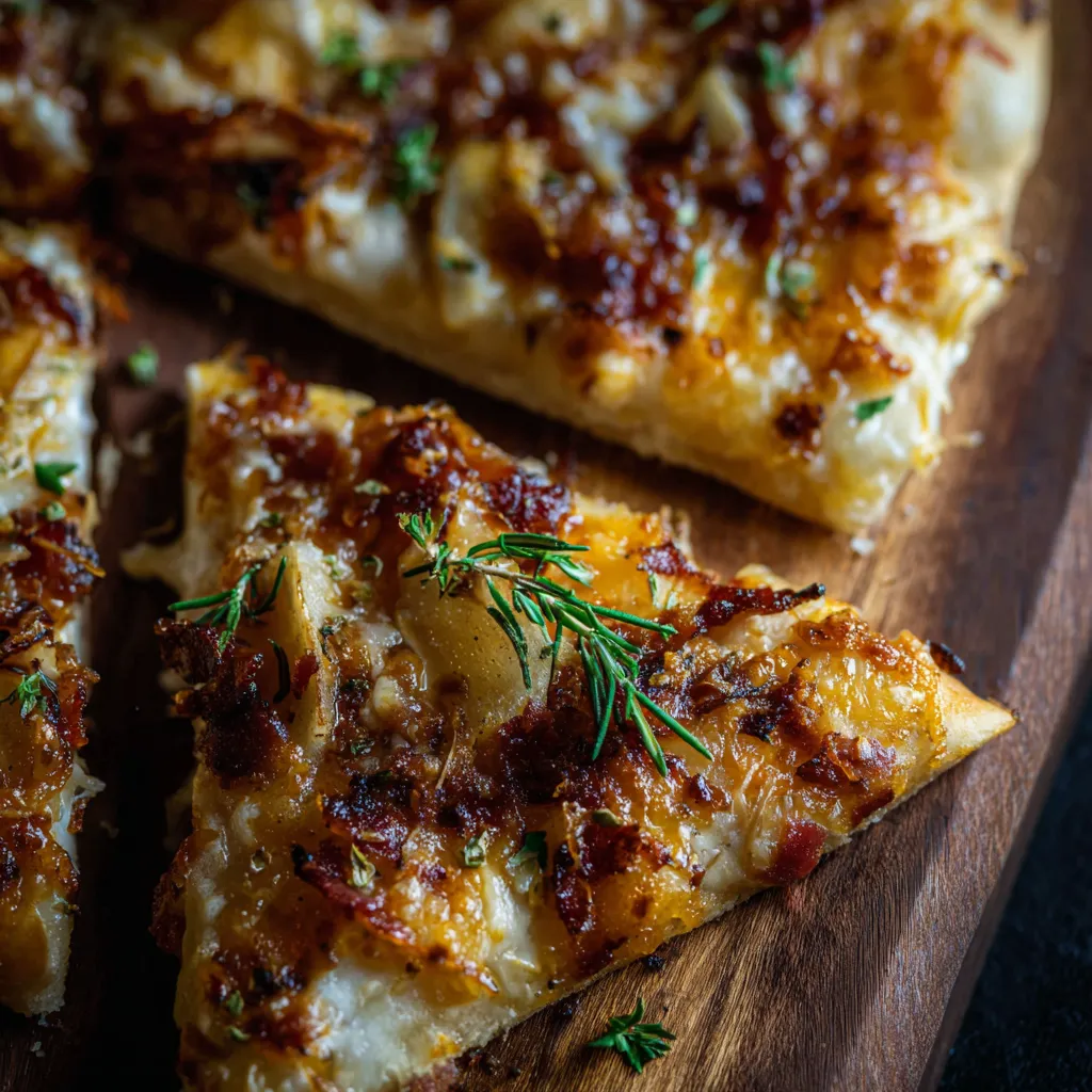 A slice of pizza with cheese and bacon on a wooden table.