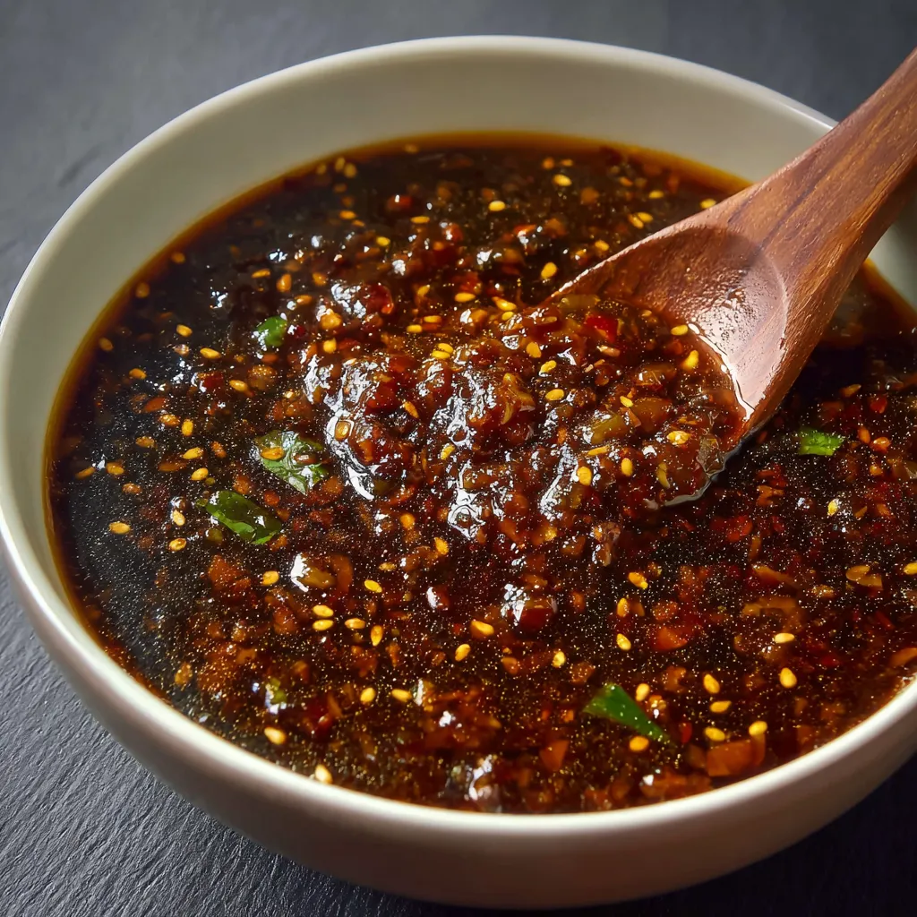 A wooden spoon in a bowl of sauce.