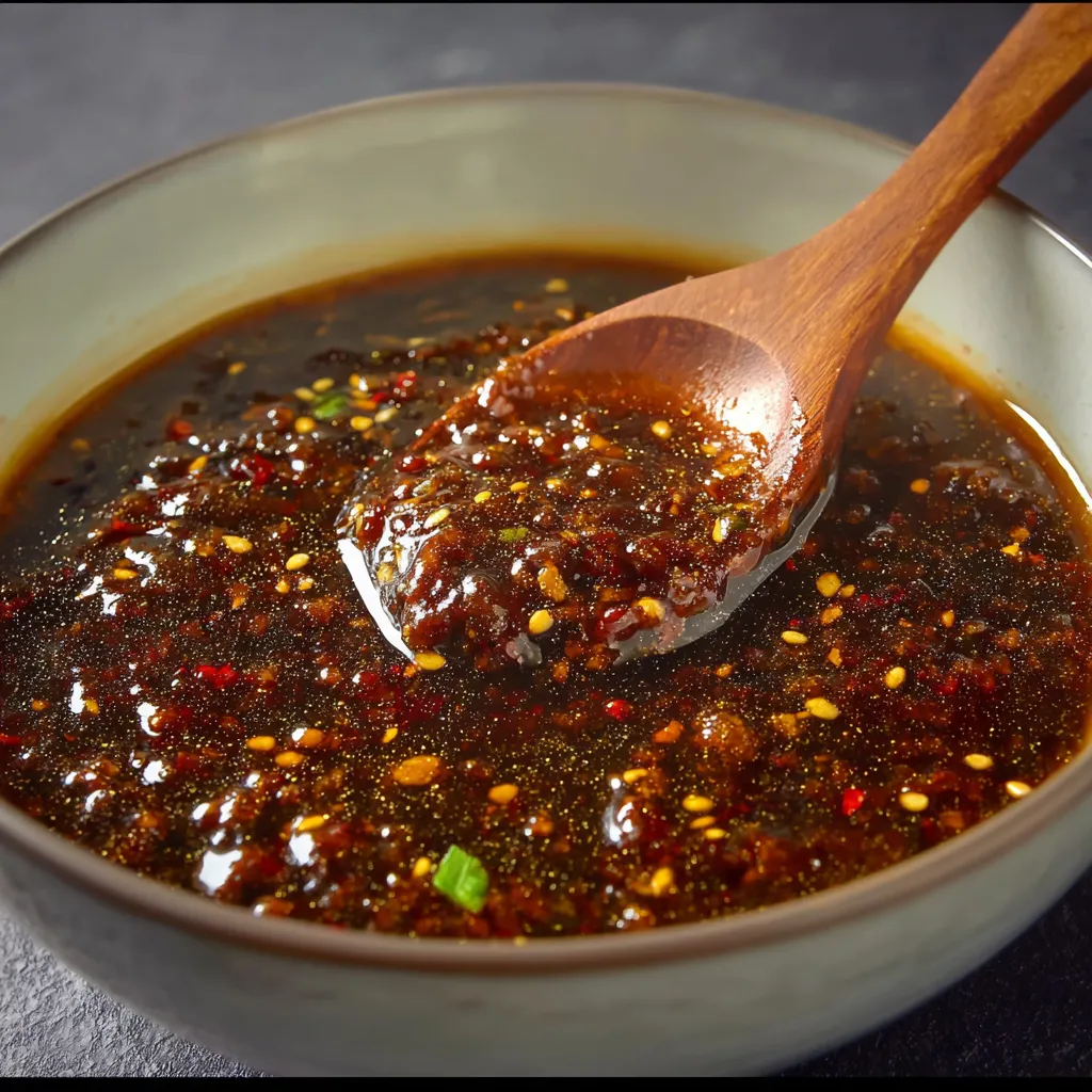 A wooden spoon in a bowl of sauce.
