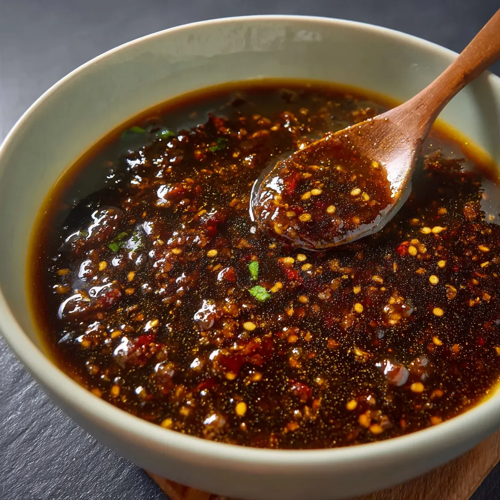 A wooden spoon in a bowl of sauce.
