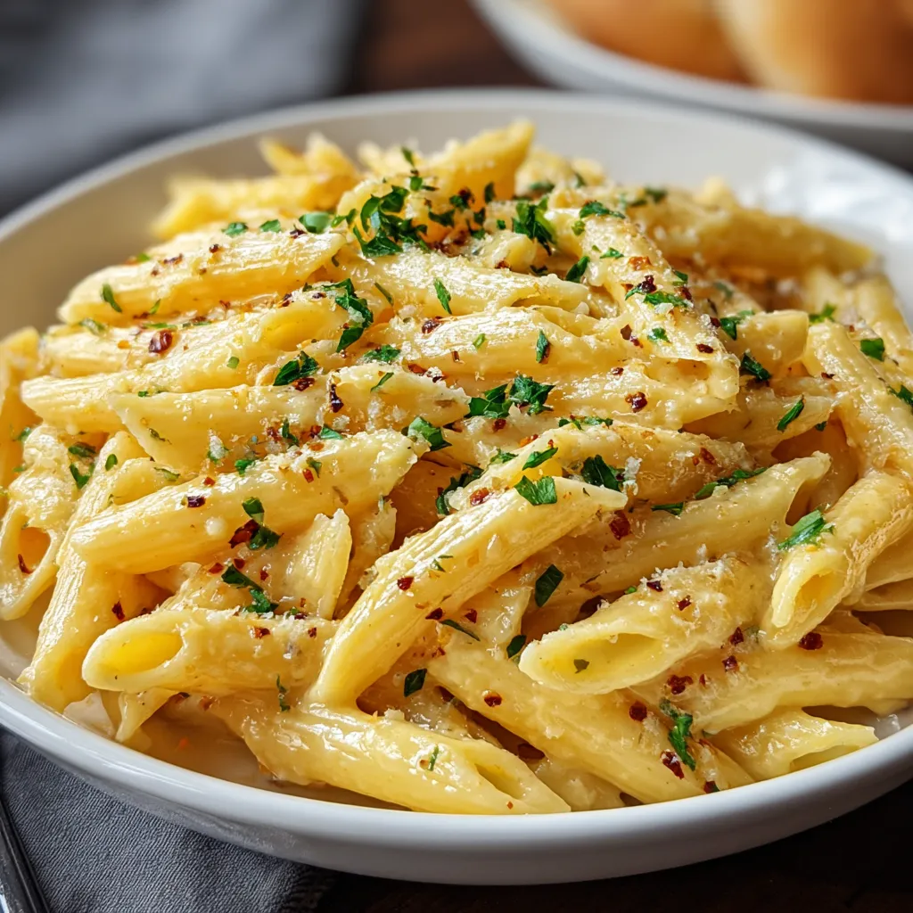 A bowl of pasta with cheese and herbs.