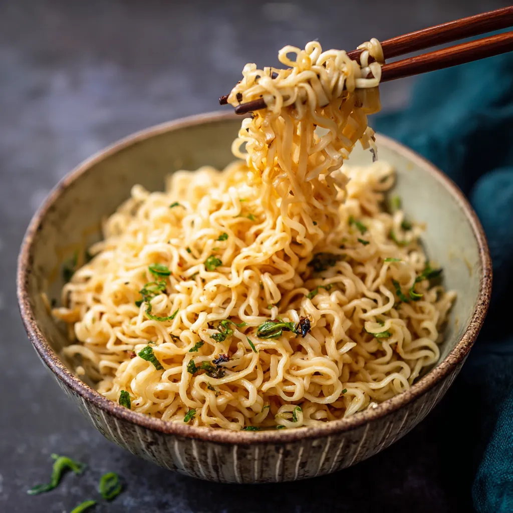 A bowl of noodles with chopsticks.